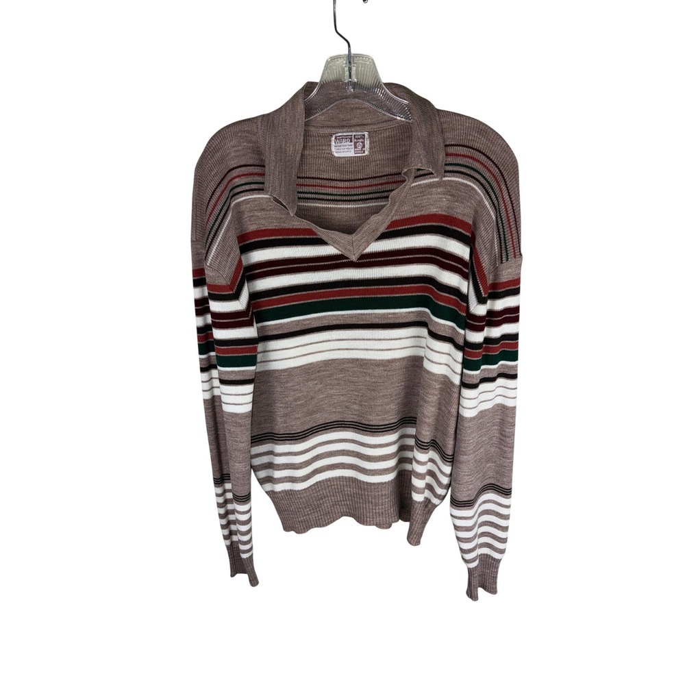Vintage Montgomery Ward Mens XL Brown Striped Johnny Collar Knit Sweater Acrylic